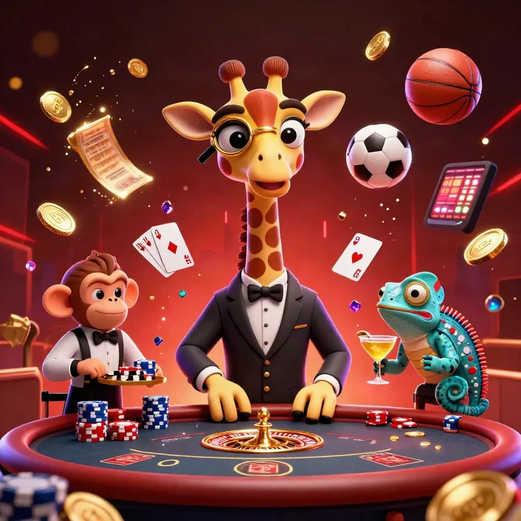 Neon-Casino-3D mit Giraffe, Affe, Chamäleon, Chips, Roulette und Goldglanz.