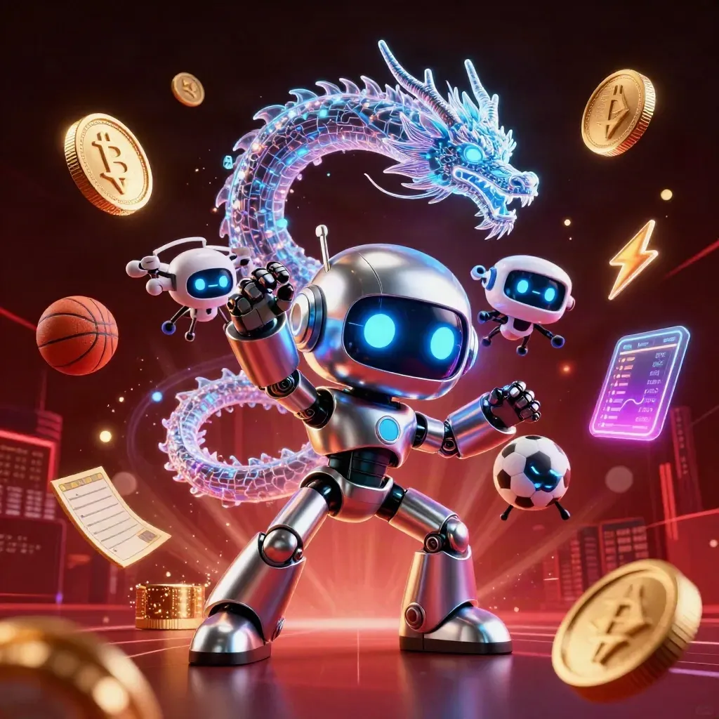 Neon-Kasino-Held mit Roboter, Drachenhologramm, Drohne, Coins und Sportwetten-Elementen
