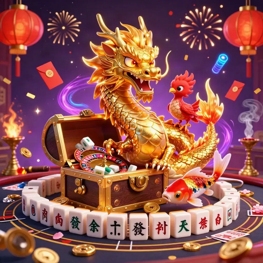 Goldener Drachen über Schatztruhe, Phoenix, Koi, Neon-Casino mit Roulette und Funken