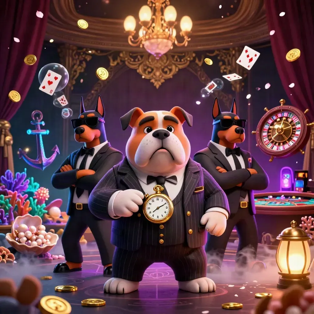 Bulldog-Mafioso mit zwei Dobermännern in einem neonfarbenen Luxus-Casino mit Gold und Runen.