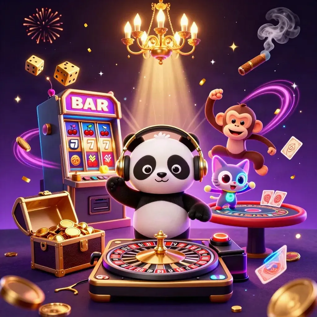 DJ-Panda, tanzender Affe und leuchtendes Kätzchen vor Casino-Luxus, Neon, Gold und Explosionen.