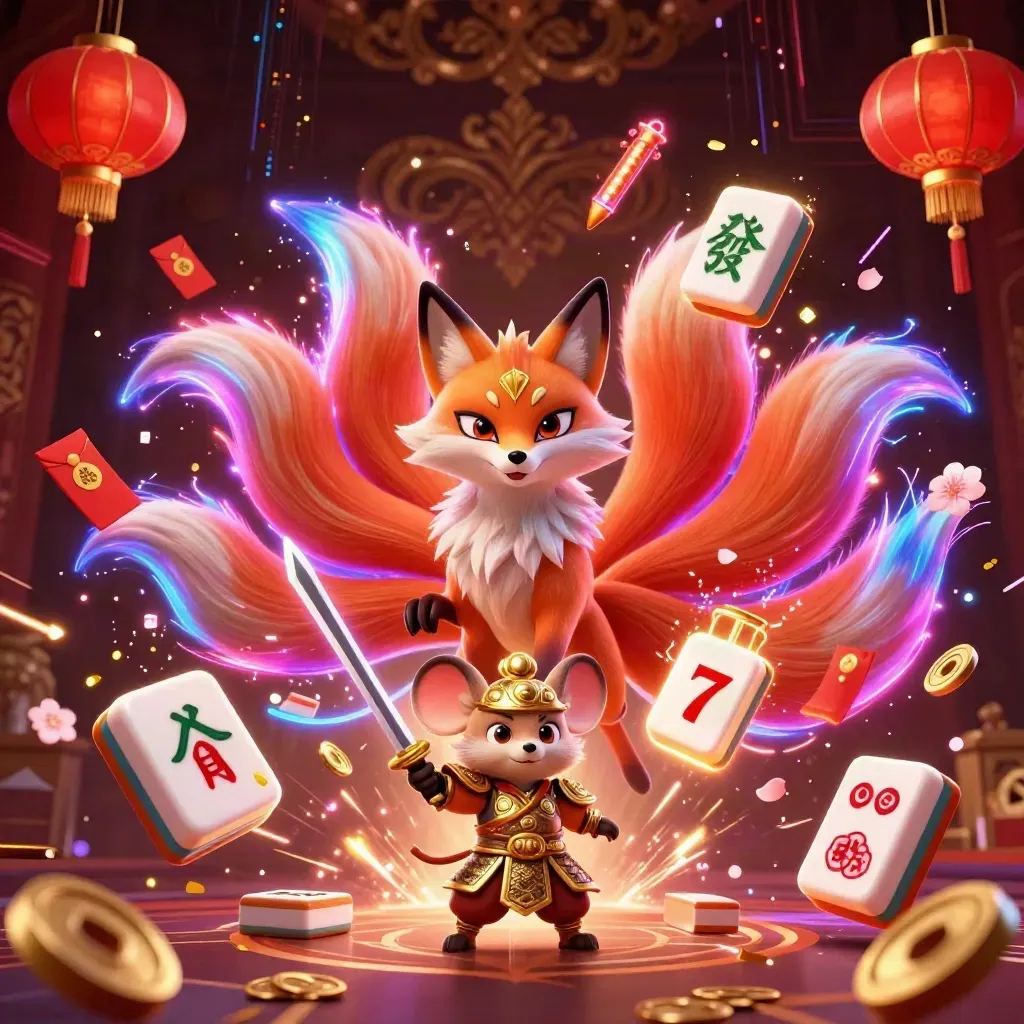Neunschwänziger Fuchs und Samurai-Maus in goldener Casino-Action mit Münzen und Glitzereffekten.