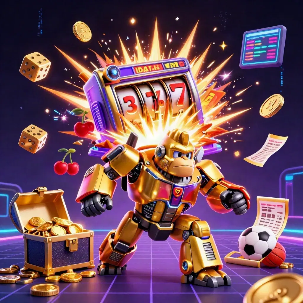 Goldener Gorilla-Mech mit Slot-Reels, Münzen, Poker- und Sport-Elementen vor Neonhintergrund