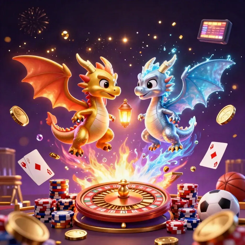 Zwei Drachen, Münzen, Roulette und Casino-Licht in Neonviolett und Gold.