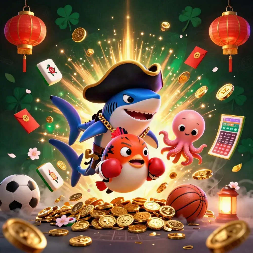 Piratenhai, Box-Pufferfisch und Baby-Oktopus feiern Goldregen im neongrünen Casino-Himmel.
