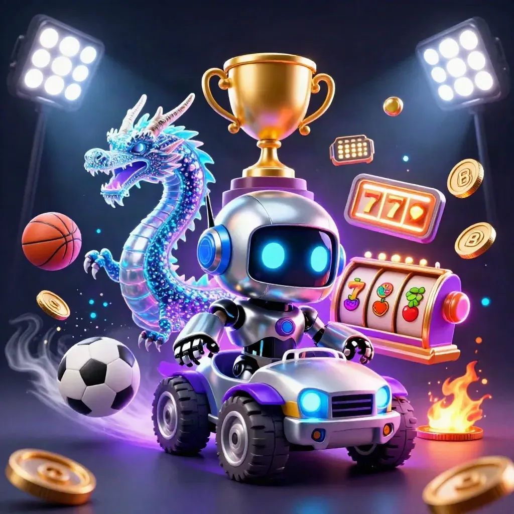Neon-Roboter mit Holo-Drache, Münz-Drohne, Sportbällen, Münzen und Slot-Reels im Casino-Look
