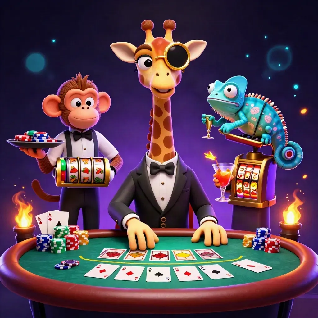 Giraffe, Affe und Chamäleon am Pokertisch mit Chips, Karten und Casino-Effekten.